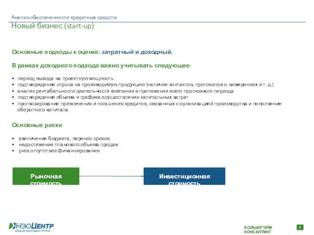 Новый бизнес (start-up) Основные подходы к оценке: затратный и доходный. В рамках