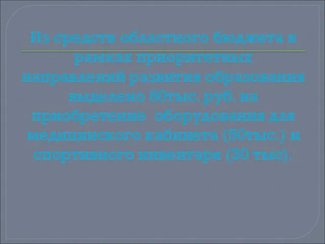 Из средств областного бюджета в рамках приоритетных направлений развития образования выделено 80тыс.