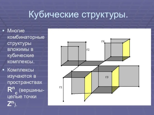 Кубические структуры. Многие комбинаторные структуры вложимы в кубические комплексы. Комплексы изучаются в