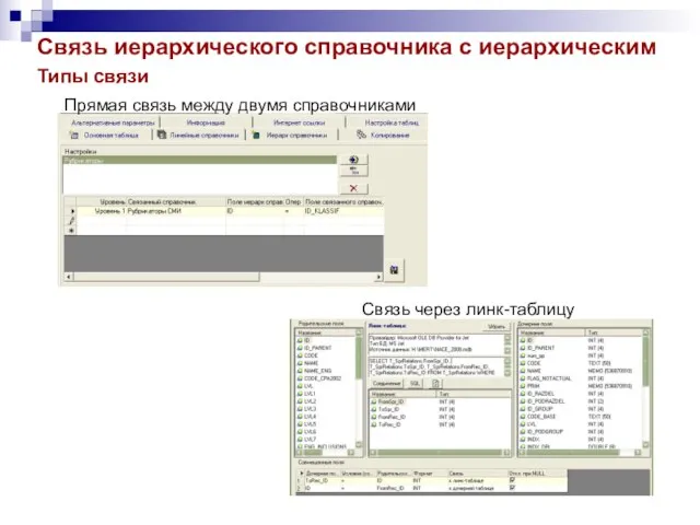 Связь иерархического справочника с иерархическим Типы связи Прямая связь между двумя справочниками Связь через линк-таблицу