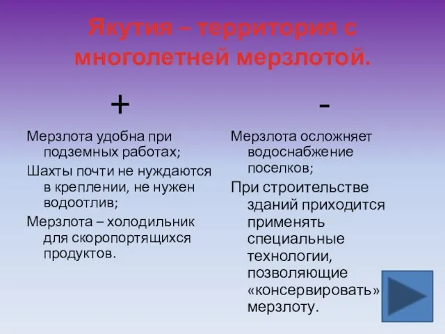 Якутия – территория с многолетней мерзлотой. + Мерзлота удобна при подземных работах;