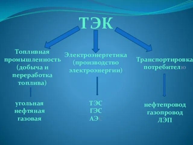 ТЭК Топливная промышленность (добыча и переработка топлива) Электроэнергетика (производство электроэнергии) Транспортировка потребителю