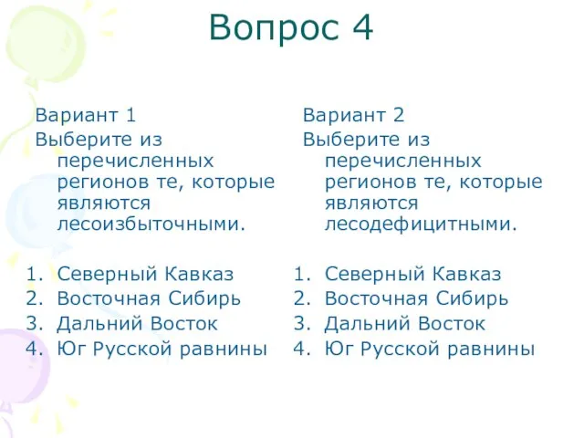 Вопрос 4 Вариант 1 Выберите из перечисленных регионов те, которые являются лесоизбыточными.