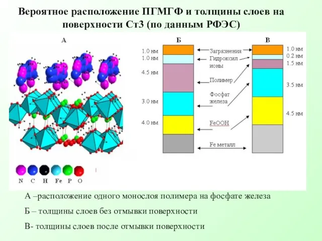 Вероятное расположение ПГМГФ и толщины слоев на поверхности Ст3 (по данным РФЭС)