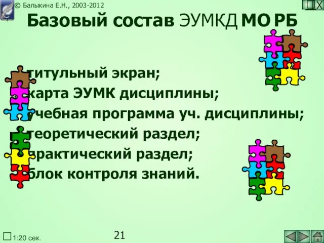 Базовый состав ЭУМКД МО РБ титульный экран; карта ЭУМК дисциплины; учебная программа