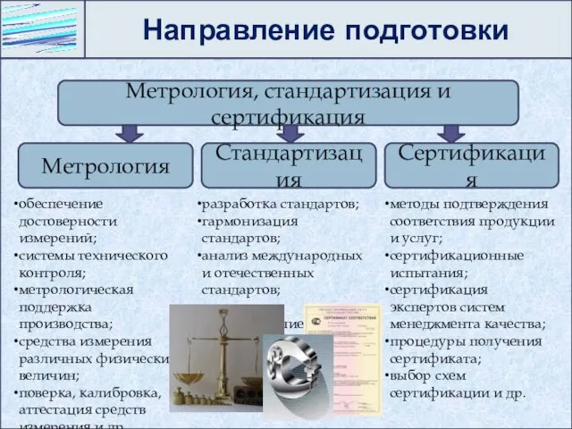 Направление подготовки Метрология, стандартизация и сертификация Метрология Стандартизация Сертификация обеспечение достоверности измерений;