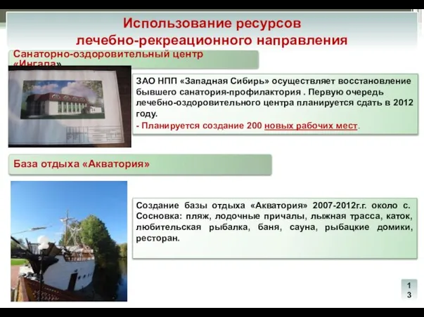 Использование ресурсов лечебно-рекреационного направления Санаторно-оздоровительный центр «Ингала» База отдыха «Акватория» ЗАО НПП