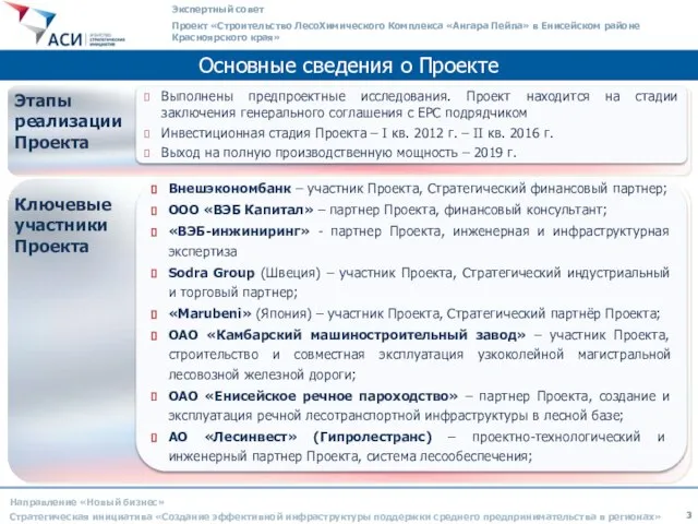 Основные сведения о Проекте Направление «Новый бизнес» Стратегическая инициатива «Создание эффективной инфраструктуры