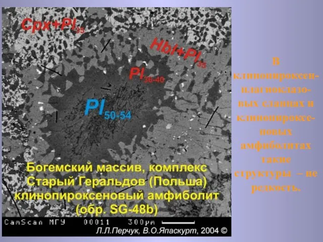 В клинопироксен-плагиоклазо-вых сланцах и клинопироксе-новых амфиболитах такие структуры – не редкость.