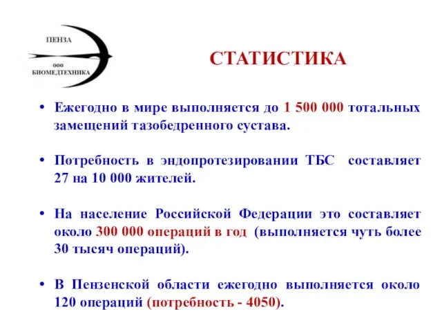 СТАТИСТИКА Ежегодно в мире выполняется до 1 500 000 тотальных замещений тазобедренного