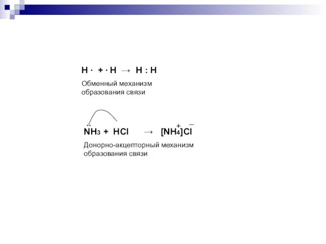 NH3 + HCl → [NH4]Cl Донорно-акцепторный механизм образования связи + _ ..