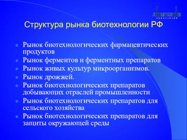 Структура рынка биотехнологии РФ Рынок биотехнологических фармацевтических продуктов Рынок ферментов и ферментных