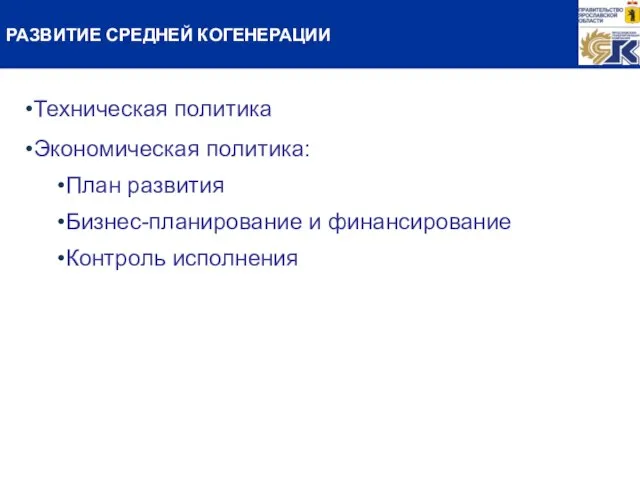 РАЗВИТИЕ СРЕДНЕЙ КОГЕНЕРАЦИИ Техническая политика Экономическая политика: План развития Бизнес-планирование и финансирование Контроль исполнения