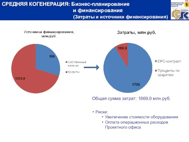 Риски: Увеличение стоимости оборудования Оплата операционных расходов Проектного офиса Общая сумма затрат: