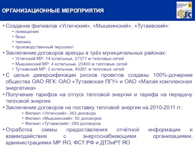 ОРГАНИЗАЦИОННЫЕ МЕРОПРИЯТИЯ Создание филиалов «Угличский», «Мышкинский», «Тутаевский»: помещения базы техника производственный персонал