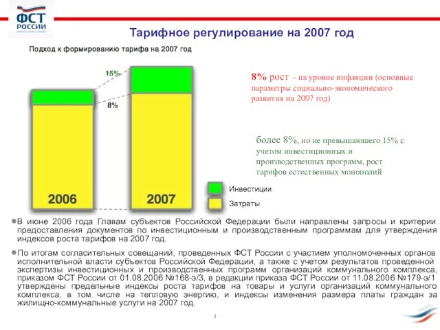 Тарифное регулирование на 2007 год В июне 2006 года Главам субъектов Российской