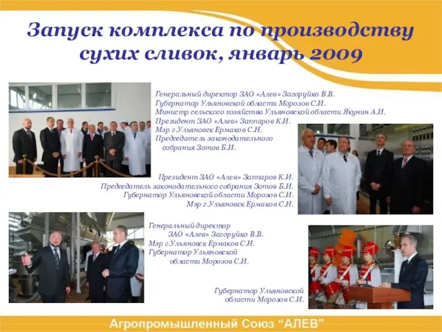 Запуск комплекса по производству сухих сливок, январь 2009 Генеральный директор ЗАО «Алев»