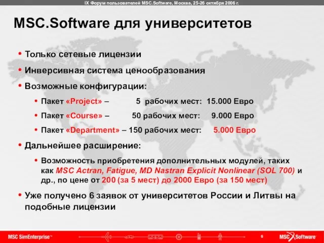 MSC.Software для университетов Только сетевые лицензии Инверсивная система ценообразования Возможные конфигурации: Пакет