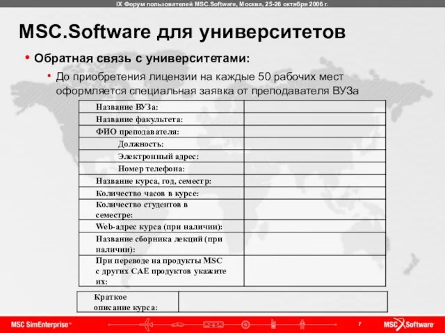 MSC.Software для университетов Обратная связь с университетами: До приобретения лицензии на каждые