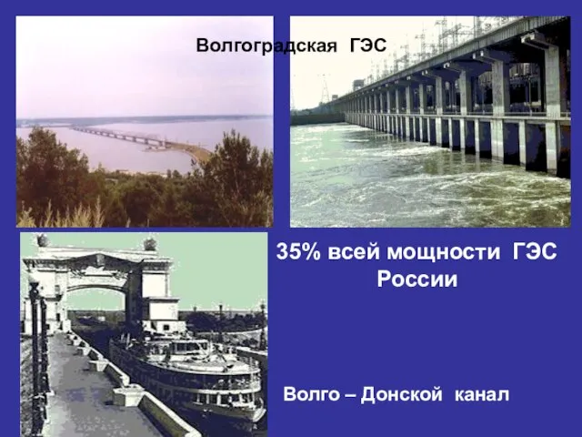 Волгоградская ГЭС Волго – Донской канал 35% всей мощности ГЭС России