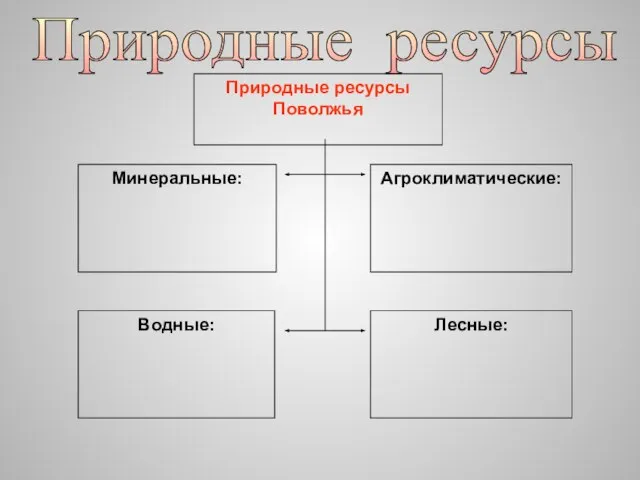 Природные ресурсы Минеральные: Агроклиматические: Водные: Лесные: Природные ресурсы Поволжья