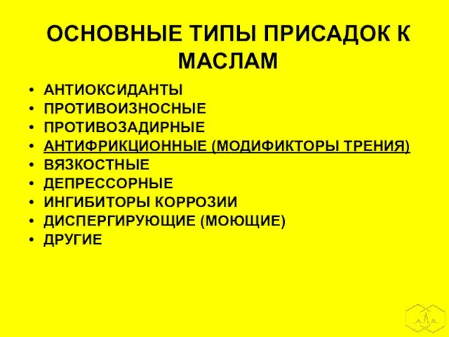 ОСНОВНЫЕ ТИПЫ ПРИСАДОК К МАСЛАМ АНТИОКСИДАНТЫ ПРОТИВОИЗНОСНЫЕ ПРОТИВОЗАДИРНЫЕ АНТИФРИКЦИОННЫЕ (МОДИФИКТОРЫ ТРЕНИЯ) ВЯЗКОСТНЫЕ