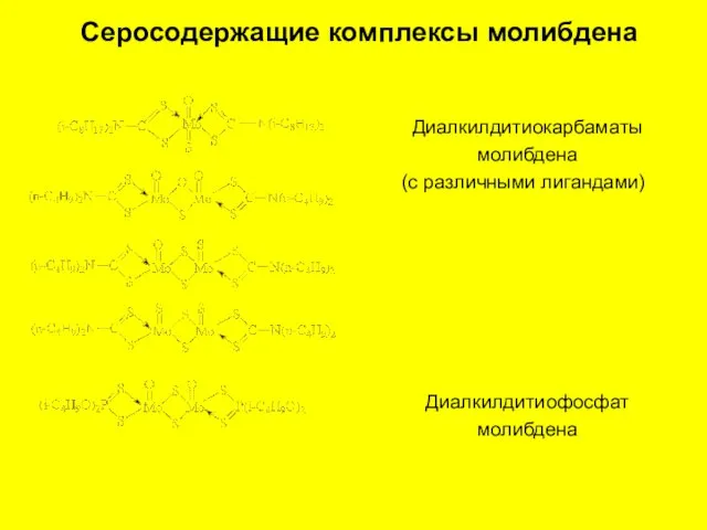 Серосодержащие комплексы молибдена Диалкилдитиокарбаматы молибдена (с различными лигандами) Диалкилдитиофосфат молибдена