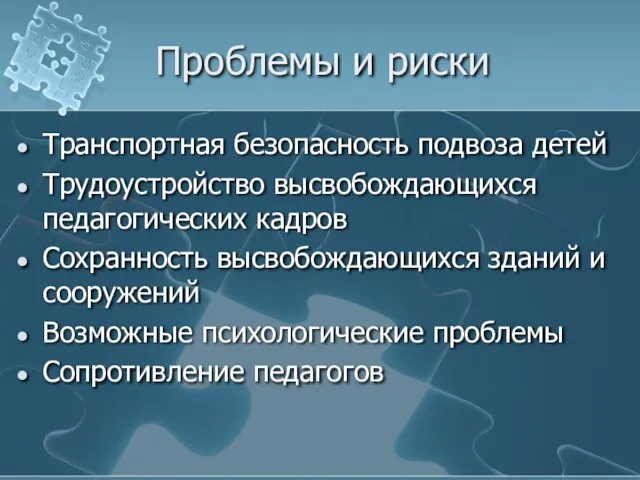 Проблемы и риски Транспортная безопасность подвоза детей Трудоустройство высвобождающихся педагогических кадров Сохранность