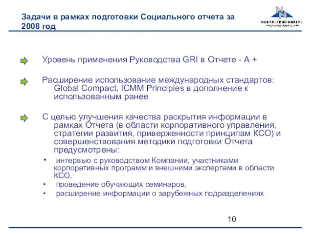 Задачи в рамках подготовки Социального отчета за 2008 год Уровень применения Руководства