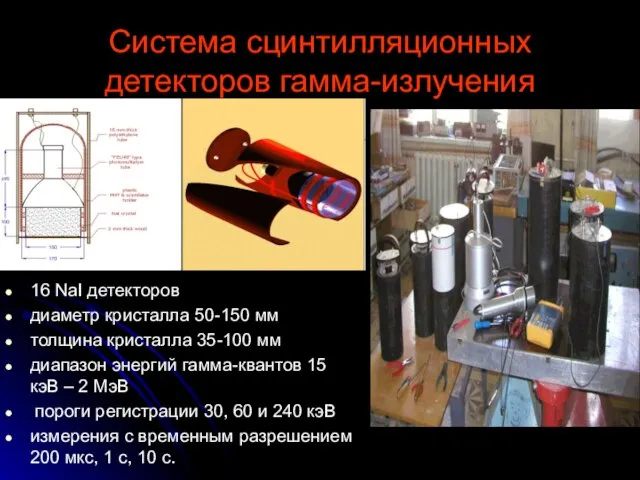 Система сцинтилляционных детекторов гамма-излучения 16 NaI детекторов диаметр кристалла 50-150 мм толщина