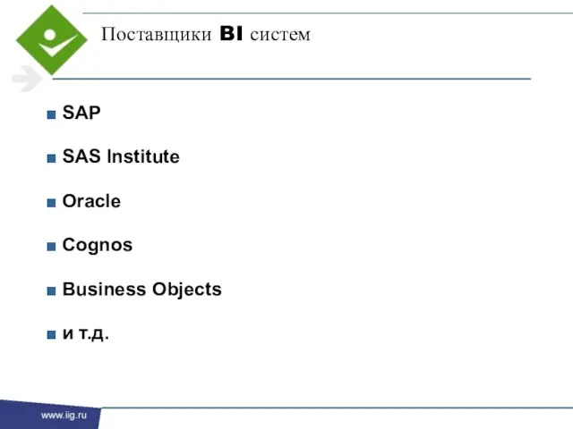 Поставщики BI систем SAP SAS Institute Oracle Cognos Business Objects и т.д.