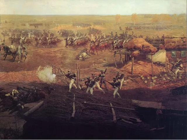 На переднем плане фрагмента — левый фланг атакующих кирасир бригады генерал-майора Н.