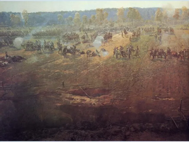 На фрагменте изображены французские позиции. На переднем плане — французская артиллерия генерала