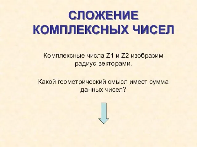 СЛОЖЕНИЕ КОМПЛЕКСНЫХ ЧИСЕЛ Комплексные числа Z1 и Z2 изобразим радиус-векторами. Какой геометрический