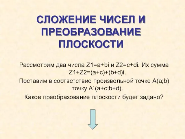 СЛОЖЕНИЕ ЧИСЕЛ И ПРЕОБРАЗОВАНИЕ ПЛОСКОСТИ Рассмотрим два числа Z1=a+bi и Z2=c+di. Их