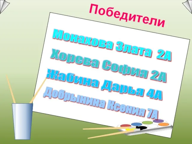 Победители Монахова Злата 2А Хорева София 2А Жабина Дарья 4А Добрынина Ксения 7А