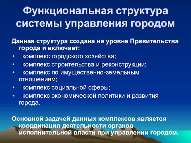 Функциональная структура системы управления городом Данная структура создана на уровне Правительства города