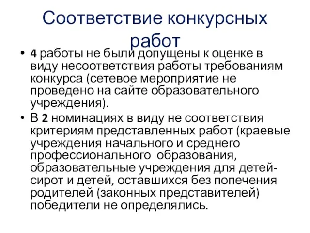 Соответствие конкурсных работ 4 работы не были допущены к оценке в виду