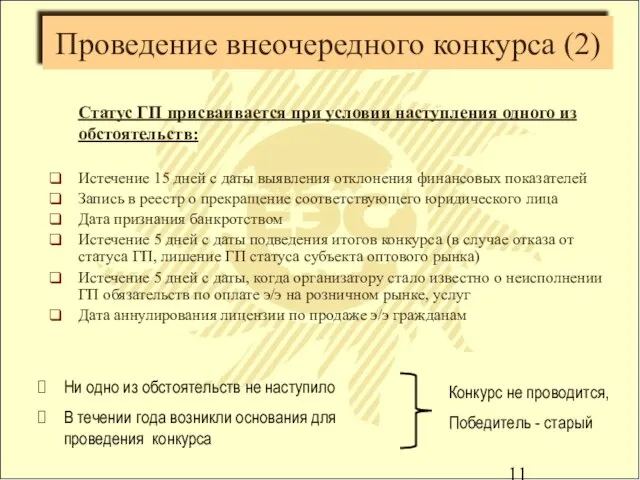 Проведение внеочередного конкурса (2) Статус ГП присваивается при условии наступления одного из