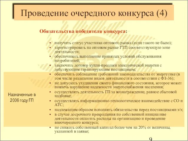 Проведение очередного конкурса (4) Обязательства победителя конкурса: получить статус участника оптового рынка