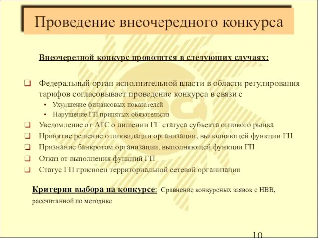 Проведение внеочередного конкурса Внеочередной конкурс проводится в следующих случаях: Федеральный орган исполнительной