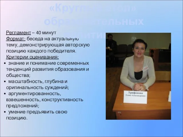 Регламент – 40 минут Формат: беседа на актуальную тему, демонстрирующая авторскую позицию