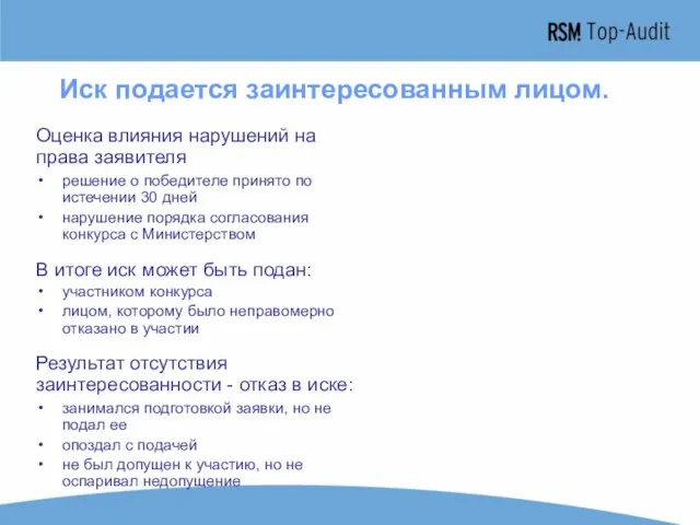 Иск подается заинтересованным лицом. участником конкурса лицом, которому было неправомерно отказано в