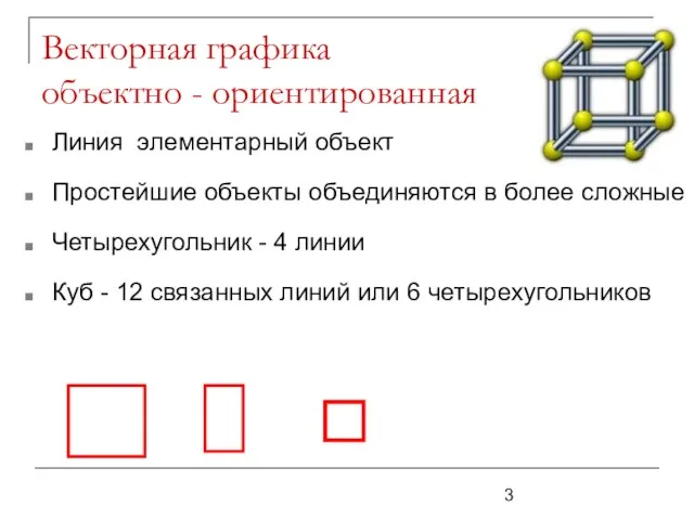 Векторная графика объектно - ориентированная Линия элементарный объект Простейшие объекты объединяются в