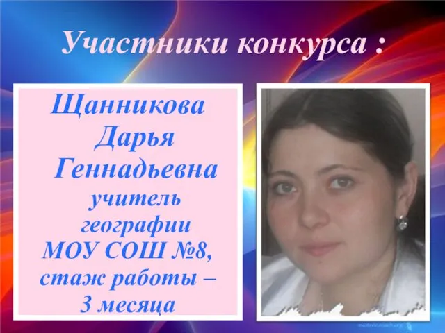 Щанникова Дарья Геннадьевна учитель географии МОУ СОШ №8, стаж работы – 3 месяца Участники конкурса :