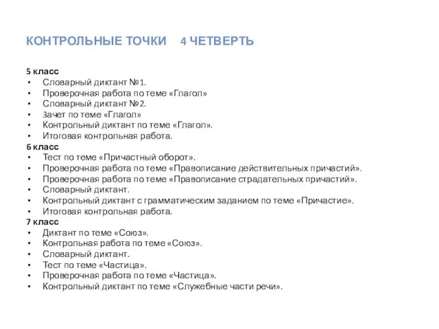 КОНТРОЛЬНЫЕ ТОЧКИ 4 ЧЕТВЕРТЬ 5 класс Словарный диктант №1. Проверочная работа по