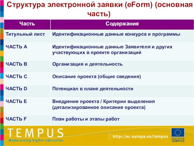 Структура электронной заявки (eForm) (основная часть)