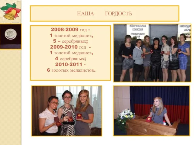 НАША ГОРДОСТЬ 2008-2009 год - 1 золотой медалист, 5 – серебряных; 2009-2010