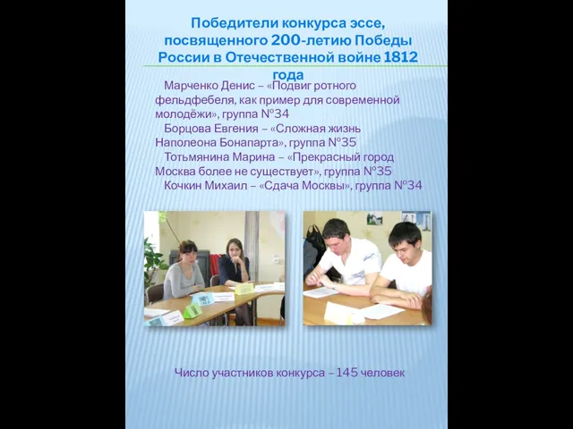 Победители конкурса эссе, посвященного 200-летию Победы России в Отечественной войне 1812 года