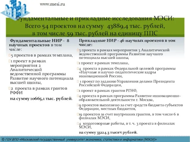 Фундаментальные и прикладные исследования МЭСИ: Всего 54 проектов на сумму 43889,4 тыс.